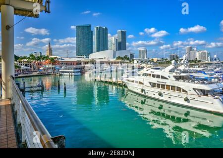 The marina located at The Bayfront Marketplace on Biscayne Bay in Miami, Florida. Stock Photo