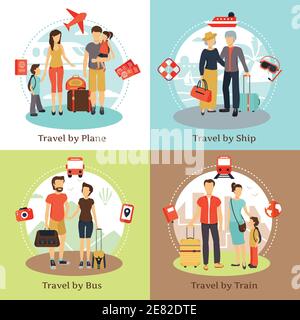 Travelers with baggage transportation concept 4 flat icons square with bus ship train poster abstract isolated vector illustration Stock Vector