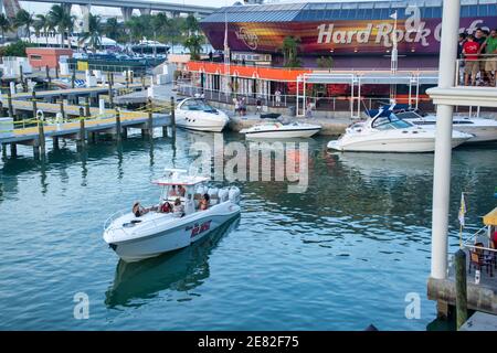 The marina and Hard Rock Cafe at the Bayfront Marketplace located on Biscayne Bay in Miami, Florida. Stock Photo