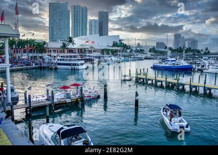 Late afternoon at the Bayfront Marketplace Marina located on Biscayne Bay in Miami, Florida. Stock Photo