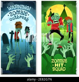 Zombie vertical cartoon banners set with zombie squad symbols isolated vector illustration Stock Vector