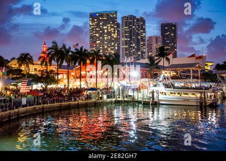 Early evening at the Bayfront Marketplace Marina located on Biscayne Bay in Miami, Florida. Stock Photo