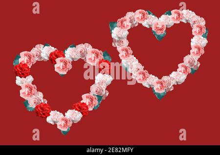 Two hearts of roses on a red background. The concept of Valentine's day Stock Photo