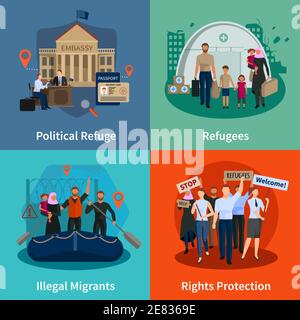 Stateless refugees  2x2 design concept set of political refuge illegal immigrants rights protection meeting flat compositions  vector illustration Stock Vector