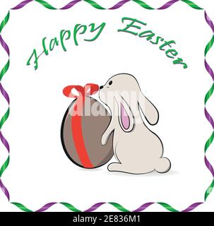 Easter bunny with a big egg with a red bow. Vector illustration. Stock Vector