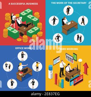Business office work concept 4 isometric icons square poster with businessman manager secretary abstract isolated vector illustration Stock Vector