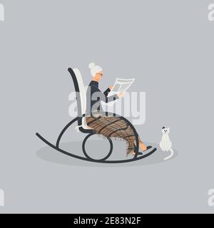 Elderly cute woman is sitting in a rocking chair.Old lady covered her feet with checked woollen plaid.Cartoon granny is reading newspaper Stock Vector