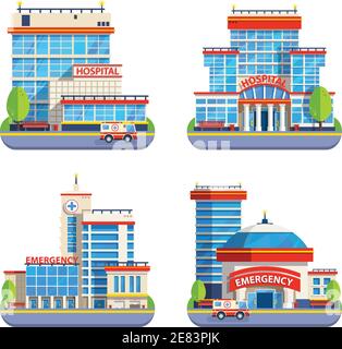 Isolated icons set of modern city hospital and emergency buildings with ambulance car in flat design vector illustration Stock Vector