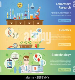 Biotechnology and genetics horizontal banners set with elements of biomaterials and laboratory equipment for realization of scientific experiments fla Stock Vector