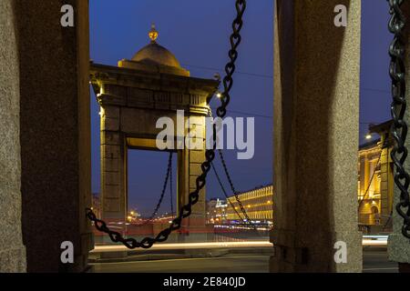 Lomonosov Bridge, Fontanka river, winter night, Saint-Petersburg, Russia Stock Photo