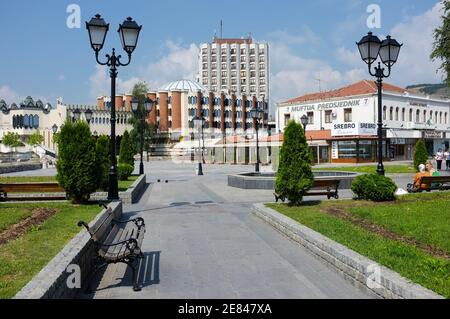 NOVI PAZAR, SERBIA - 26 July: the modern city center of Novi Pazar with the architectural complex of the hotel Vrbak on 26 July, 2013. Novi Pazar is t Stock Photo