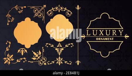 set of three luxury golden frames with victorian style in black background vector illustration design Stock Vector