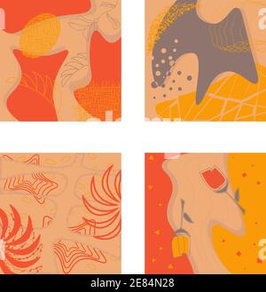 Set of editable social media square background templates for instagram and facebook post. Abstract vector banners in organic colors yellow red beige g Stock Vector