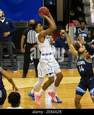 Newark, New Jersey, USA. 30th Jan, 2021. Seton Hall Pirates guard Jared Rhoden (14) takes a shot in the first half at the Prudential Center in Newark, NJ. Villanova defeated Seton Hall 80-72. Duncan Williams CSM/Alamy Live News Stock Photo