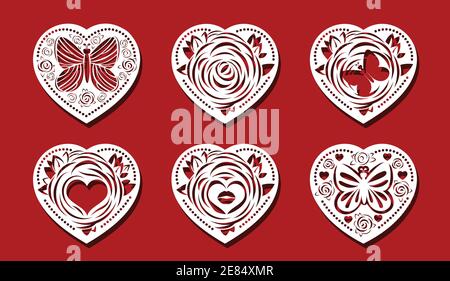 Heart cut on red background for laser cutting. Rose flower, butterfly in heart shape. Air kiss in flower vector illustration Stock Vector