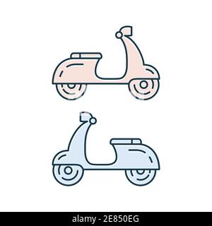 Scooter icon set. Blue and pink cute scooters collection. Vector transport isolated on white. Stock Vector