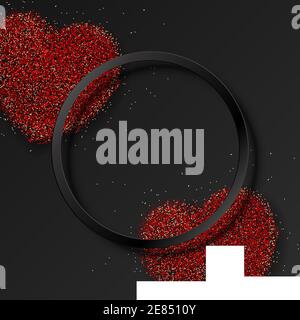Free frame Happy Valentines Day lettering greeting card on red bright heart background. Festive banner and poster. Stock Vector