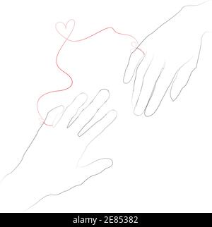 Hand drawn simple Valentine s Day, Wedding greeting card or invitation, with hands connected by the red string of fate with heart shape. Vector EPS 10 Stock Vector