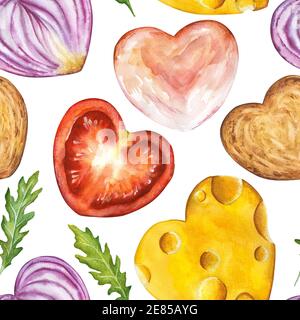 Seamless watercolor hand drawn pattern of sliced heart shaped sandwich ingredients : cheese, tomato, onion, toast, ham, rukkola, isolated on white Stock Photo