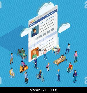 Forum society of men and women of different ages having various interests and using electronic devices isometric composition with forum page and cloud Stock Vector