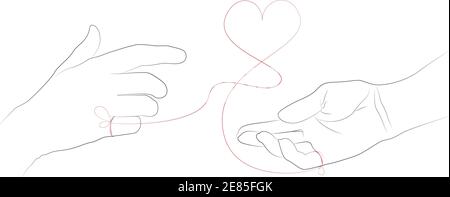 Hand drawn simple Valentine s Day, Wedding greeting card or invitation, with hands connected by the red string of fate with heart shape. Vector EPS 10 Stock Vector