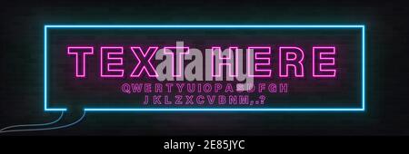 Glowing neon empty speech bubble frame. Rectangle blank speech bubble in neon style with alphabet. Vector illustration Stock Vector