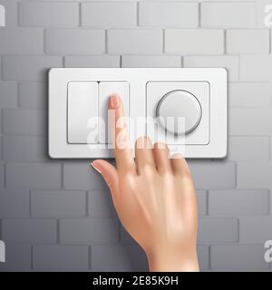 Realistic hand pressing switch with forefinger on grey brick wall vector illustration Stock Vector