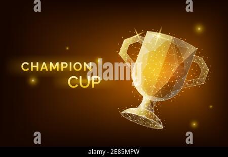low poly trophy cup wireframe style. Concept of gold champion cup. Polygonal abstract isolated on black background. Vector illustration. Stock Vector