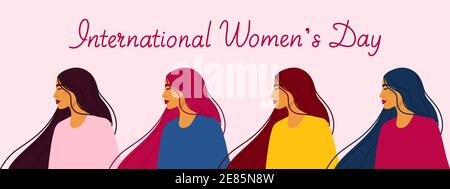 International women's day handwritten typography with cute colorful girls isolated on pink background. Flat vector illustration for banner, poster, ca Stock Vector