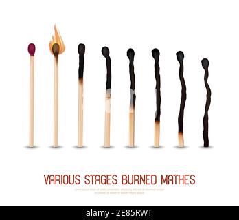 Various stages of matches burning from new to completely burned set isolated on white background realistic vector illustration Stock Vector