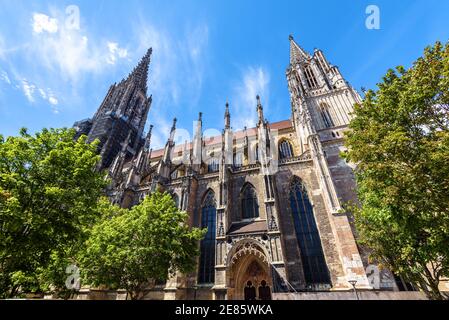Ulm Minster or Cathedral of Ulm city, panorama of ornate Gothic church exterior, Germany. It is famous landmark of Ulm. Scenery of medieval European a Stock Photo