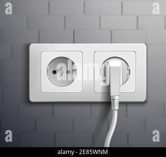 Realistic white plastic panel with socket and single round and double rectangular switches on grey wall vector illustration Stock Vector