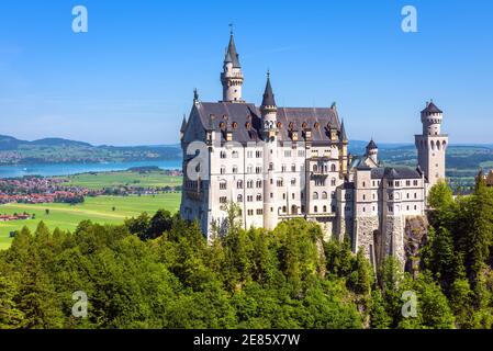 Neuschwanstein Castle, Germany, Europe. Beautiful view of fairytale castle in Munich vicinity, famous tourist attraction of Bavarian Alps. German land Stock Photo