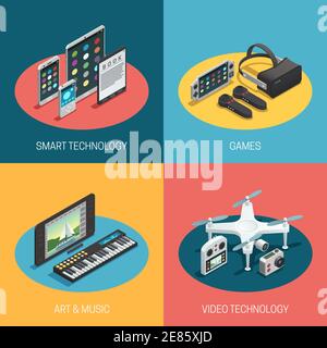 Color isometric concept 2x2 depicting different gadgets smart technology games art music video vector illustration Stock Vector