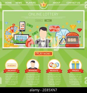 Online lottery one page advertising template for website with games description and manager  contact information flat vector illustration Stock Vector