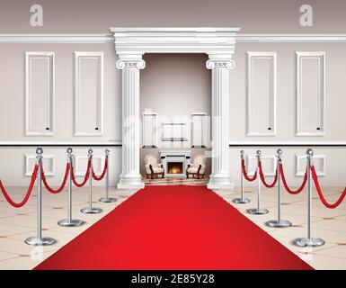 Victorian style hall with red carpet silvery barriers armchairs and fireplace realistic vector illustration Stock Vector
