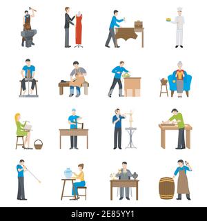 Flat design craftsmen icons with people having various professions isolated on white background vector illustration Stock Vector
