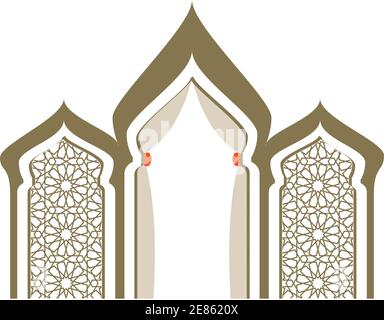 Editable vector illustration design artwork of persian arabic morocco style building, cafe, hotel, restaurant, house profile. Entrance rugs curtains Stock Vector