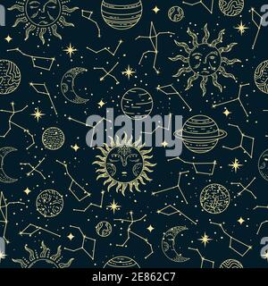 Magic seamless pattern with constellations, sun, moon, magic eyes ...