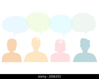 People with speech bubbles set silhouettes icons. Men and women body outline with colorful speech bubble vector illustration isolated on white. Stock Vector