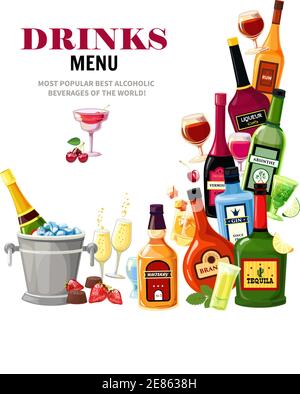 Alcoholic beverages colorful composition for restaurant bar drinks menu flat poster print with tequila shot vector illustration Stock Vector