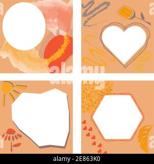 Set of editable social media square frames and borders templates for instagram and facebook post. Abstract vector banners in organic colors yellow red Stock Vector