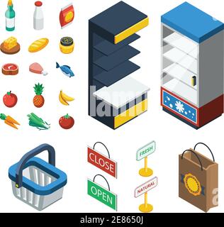 Supermarket isometric icon set with isolated elements of food equipment and grocery attributes vector illustration Stock Vector