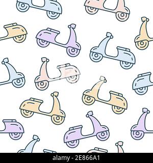 Scooters seamless vector pattern. Motorcycle white background in pastel colors. Vector travel transportation illustration. Stock Vector