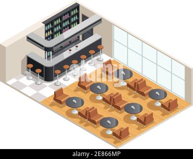 Color isometric design of cafe interior with bar table vector illustration Stock Vector