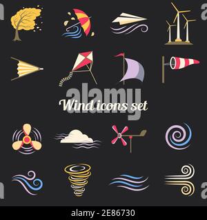Set of color flat icons depicting different objects that make or use wind with black background vector illustration Stock Vector