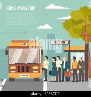 People getting on bus at shelter stop in city flat poster with information on transportation vector illustration Stock Vector