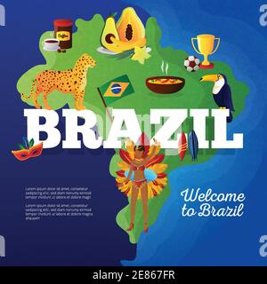 Brasil cultural symbols map for travelers flat poster with toucan bird and football cup trophy abstract vector illustration Stock Vector