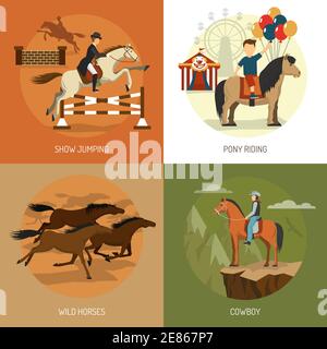 Horse breeds concept 4 flat icons square with equestrian show jumping and pony riding abstract isolated vector illustration Stock Vector