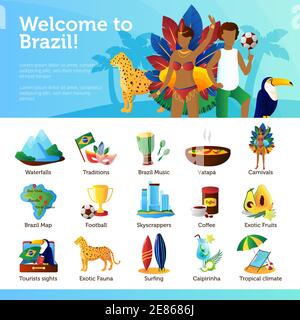 Brazilian traditions landmarks recreational and cultural attractions for tourists flat poster with infographic elements abstract vector illustration Stock Vector